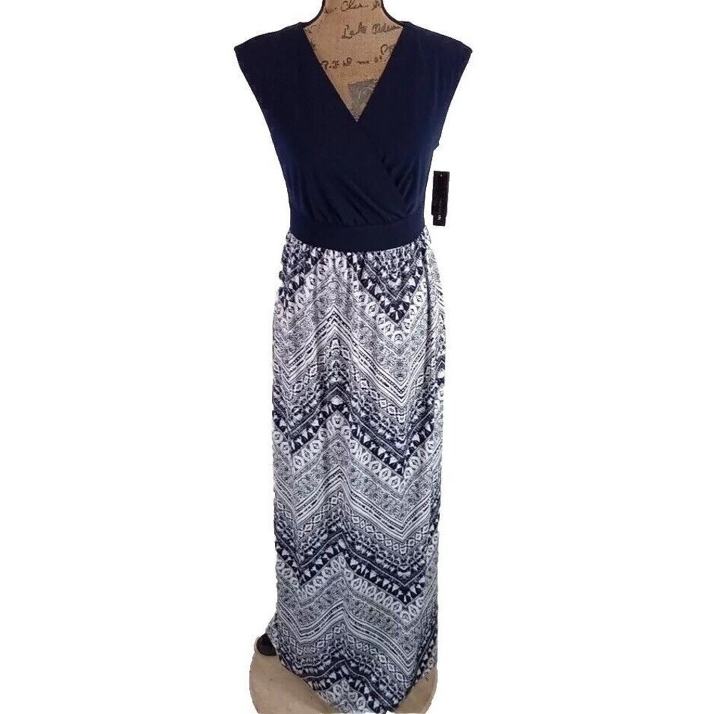 NWT AB Studio Dress Size 4 Navy Blue Floral Chevron Maxi Stretch Faux Wrap‎